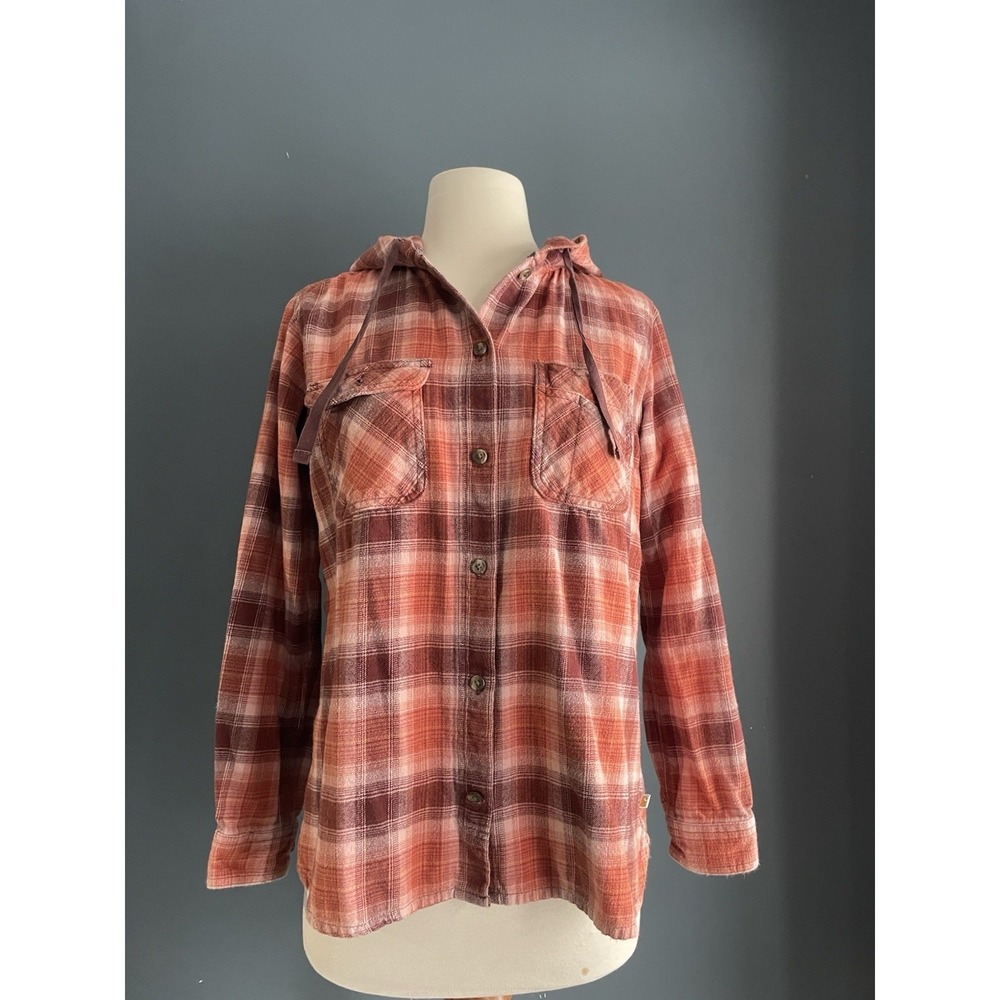 Carhartt Womens Plaid Hooded Flannel Shirt Orange Burgundy Size M 8 10